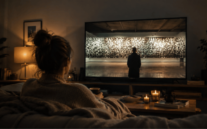 Persona viendo un documental de arte contemporáneo desde el sofá de casa en un salón con iluminación cálida y ambiente cinematográfico.