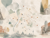 Mapa ilustrado conceptual de Madrid con referencias culturales y artísticas para representar la escena de galerías de arte contemporáneo de la ciudad