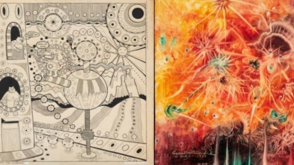 L to R:      Kim Deitch (b. 1944)  The Supreme, 1969  Published in The East Village Other  Ink on board  23 x 23 inches     Eugene Von Bruenchenhein (1910 - 1983)  No. 818, July 3, 1959, 1959  Oil on masonite  24 x 24 inches