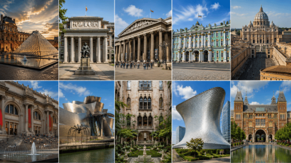 Los  museos más icónicos del mundo, entre ellos el Louvre, el Museo del Prado, el British Museum, el Hermitage, los Museos Vaticanos, The Met, el Guggenheim Bilbao, el Museo Soumaya y el Rijksmuseum, con motivo del Día Internacional de los Museos 2026.