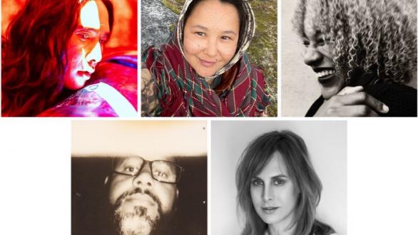 De izquierda a derecha: Korakrit Arunanondchai, asinnajaq, Taja Cheek, Greg de Cuir Jr y Zackary Drucker