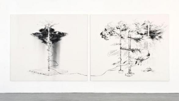 Abdelkader  BENCHAMMA. Sans Titre, 2011 Tinta y rotulador sobre tela 200 x 1200 cm (díptico: medida de cada tela) © Roberto Ruiz | Cortesía ADN Galería 