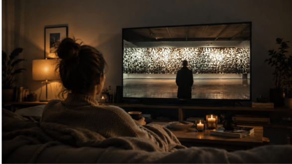Persona viendo un documental de arte contemporáneo desde el sofá de casa en un salón con iluminación cálida y ambiente cinematográfico.