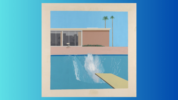 A Bigger Splash de David Hockney, con una piscina azul, un trampolín y una gran salpicadura frente a una casa de California