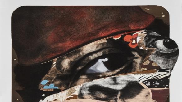 Space Monkey, 2015, Black charcoal, gouache, soft pastel, oil pastel, oil paint, paint stick, acrylic gold leaf on Coventry Vellum paper, 17 x 14 inches