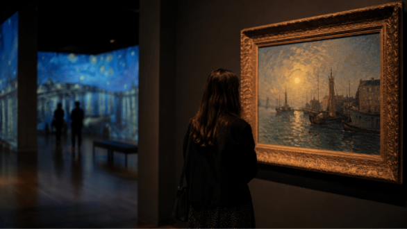 Visitante contempla una obra real en una sala de museo con una proyección inmersiva al fondo
