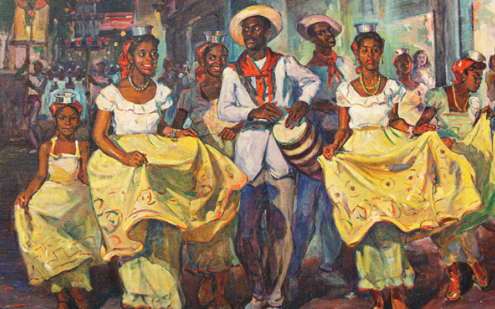 Comparsa afrocubana con músicos y bailarinas vestidas de amarillo en una pintura de Oscar García Rivera realizada hacia 1940
