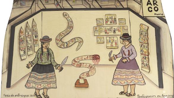 VIOLETA QUISPE YUPARI en colaboración con GAUDENCIA YUPARI [detalle] Warmi: kaypi churiy, churiy kaypi mamay [Mujer, he ahí tu hija, hija he ahí tu madre] Año | 2024. Pintura sobre madera | 230 x 33 cm | 90.6 x 13 in