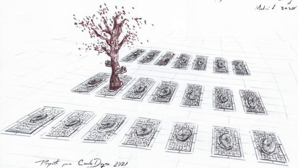 Boceto de la instalación Línea Rota de Horizonte. Proyecto Condeduque. Carlos GAraicoa. Muestra un árbol vivo y varios talados 