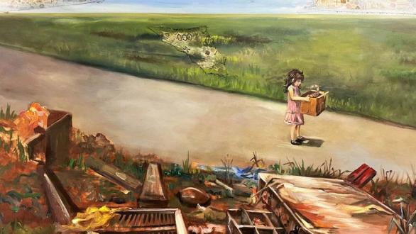 Daniela Aguilera, My Past, My Land, My Hope, My Culture (Mi pasado, mi tierra, mis esperanzas, mi cultura), 2021, oil and fabric on canvas, courtesy of the artist.