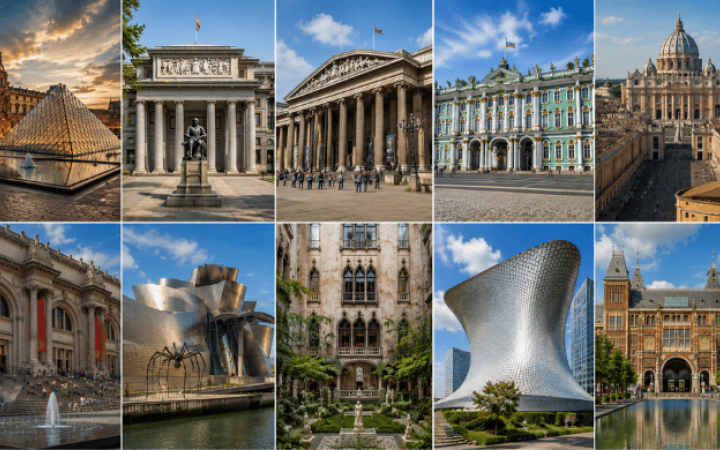 Los  museos más icónicos del mundo, entre ellos el Louvre, el Museo del Prado, el British Museum, el Hermitage, los Museos Vaticanos, The Met, el Guggenheim Bilbao, el Museo Soumaya y el Rijksmuseum, con motivo del Día Internacional de los Museos 2026.