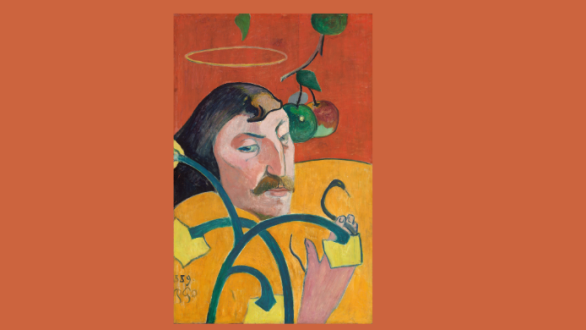 Autorretrato de Paul Gauguin de 1889 con un halo sobre la cabeza, manzanas y una serpiente entre los dedos