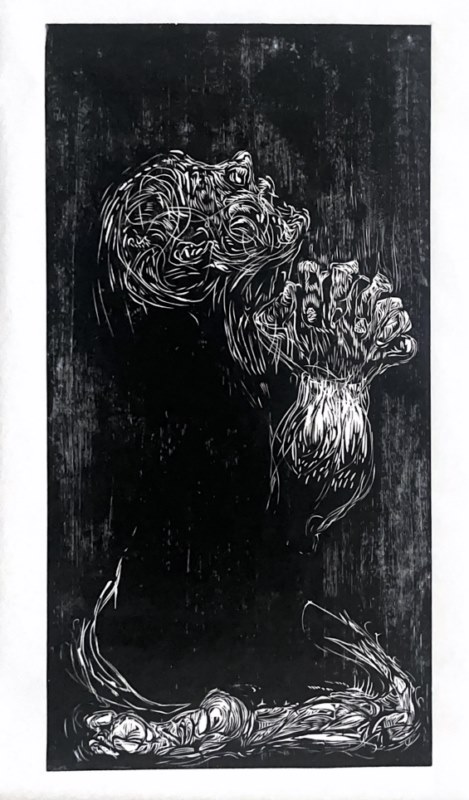 La Súplica, 2025, Xilografía, 48” x 24”