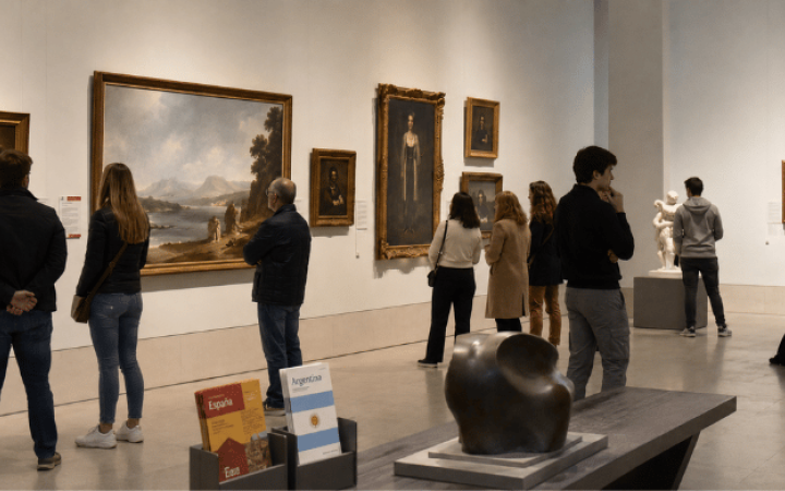 Visitantes recorren una sala de museo con referencias sutiles a España y Argentina antes de la final del Mundial