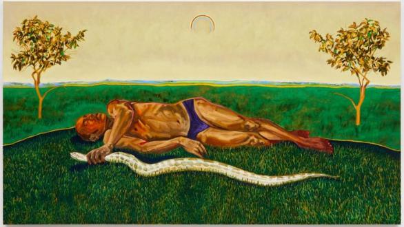 En portada: Antonio Obá, Figura adâmica: Wuso owoti a nea aka no ye ahoma, 2025, óleo  sobre lienzo, 140 x 250 cm