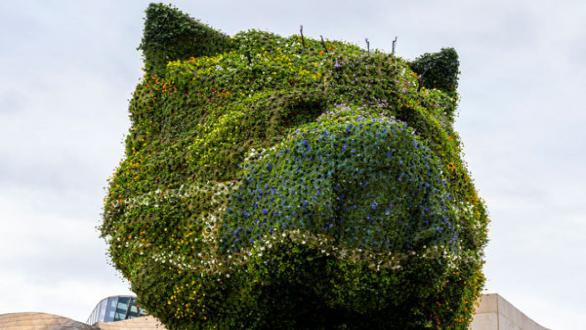 Jeff Koons, Puppy, 1992. Acero inoxidable, sustrato y plantas en floración, 1240 x 1240 x 820 cm. Guggenheim Bilbao Museoa. Foto: Erika Ede