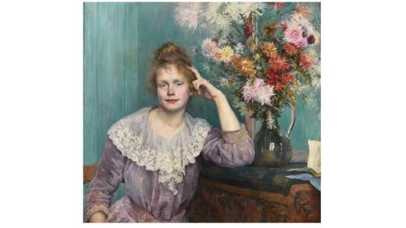 Louise Breslau (1856–1927), Jeune femme et chrysanthèmes - Portrait of Mina Carlson-Bredberg, 1890, oil on canvas © 95 x 91,5 cm, Private collection, Zürich, Photo: Kulturmuseum St. Gallen, Michael Elser 