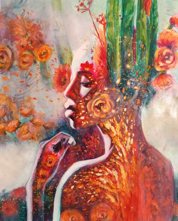 Femarie Rosario Disla, Entre las llamas, 2023, medio mixto sobre papel, 17” x 14” 