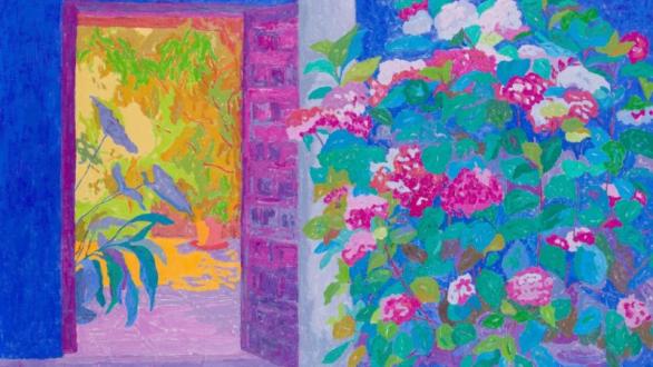 Hortensias junto a la salida del patio. La Vera. 81 x 100 cm. óleo sobre lienzo