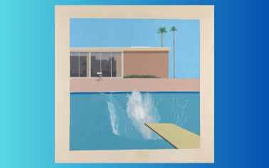 A Bigger Splash de David Hockney, con una piscina azul, un trampolín y una gran salpicadura frente a una casa de California