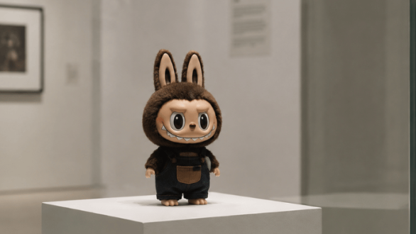 Labubu expuesta sobre un pedestal en una galería de arte contemporáne