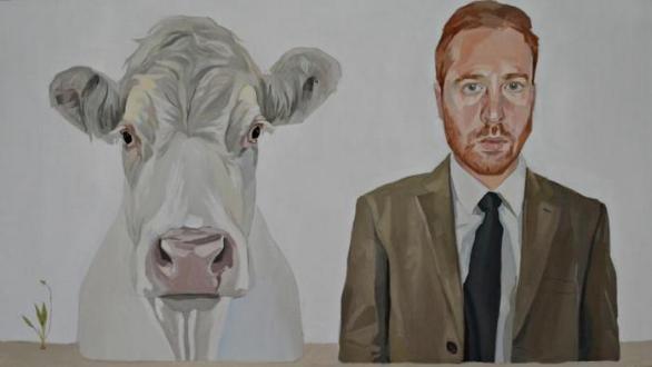 Autorretrato con vaca. Óleo sobre lino 100 x 73 cm. 2025