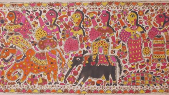 Jamuna Devi, Raja Salhesh with his two brothers and three flower maidens, c. 2000, natural dyes on paper. © 2015, Courtesy of BINDU modern Gallery, Photo credit: Sneha Ganguly.