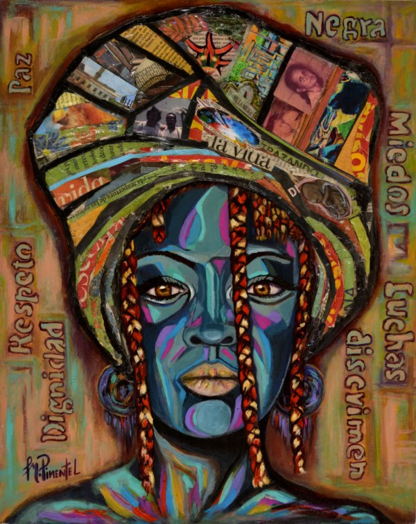 Arraigada a mi identidad, 2022, medio mixto (collage y acrílico sobre lienzo),16” x 20”