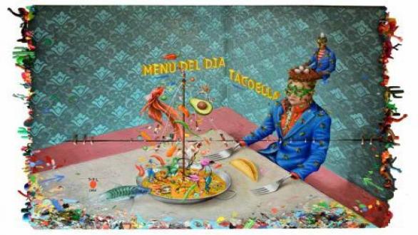 Mario Soria. Tacoella, 2016. Técnica mixta sobre madera y juguetes de los chinos. 95 x 65 cm