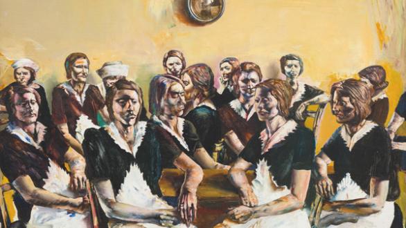 László Lakner, Seamstresses Listen to Hitler’s Speech, 1960 Oil on canvas, 70 × 100,5 cm Museum of Fine Arts – Hungarian National Gallery, Budapest (collection: Roberto Tosi)