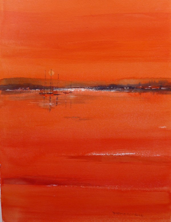 Mar naranja vertical. Acuarela