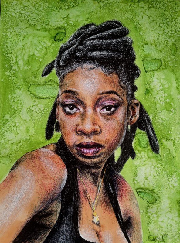 Retrato de Little Simz, 2023, 24” x 18”, acuarela, bolígrafo, lápices de colores sobre papel