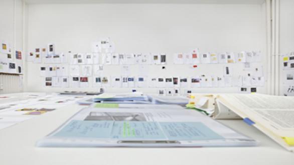  Studio Bethan Huws, exhibition preparation, 2016.  Photo: Hans-Georg Gaul, Berlin. Daimler Art Collection, Stuttgart/Berlin.