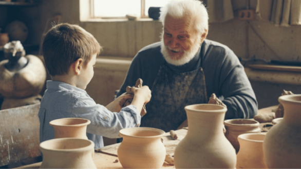 Niño aprende a modelar barro junto a un alfarero en un taller tradicional