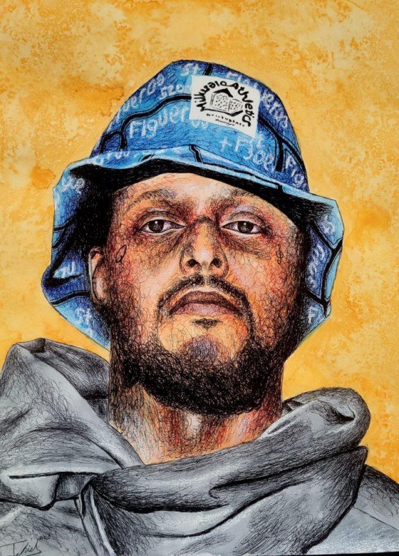 Retrato de Schoolboy Q, 2023, 24” x 18”, acuarela, bolígrafo, lápices de colores sobre papel