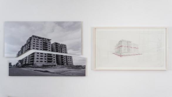 Proyecto para mutilar edificio. Tríptico. Fotografía B/N cortada con láser, montada y laminada en aluminio. Tinta y grafito sobre papel vegetal Fotografía: 55.5 x 100 cm    Dibujo: 38 x 100 cm  
