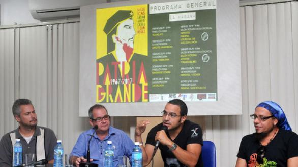 Conferencia de prensa, IV Festival de Música Latinoamericana y Caribeña "Patria Grande". De izquierda a derecha: Sebastián Heredia, organizador de Patria Grande; Alexis Triana, Director de Comunicación del MINCULT; Rubiel García, Presidente de la AHS; Alberto Muñoz, productor de la Agencia Cubana de Rock 