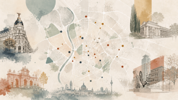 Mapa ilustrado conceptual de Madrid con referencias culturales y artísticas para representar la escena de galerías de arte contemporáneo de la ciudad