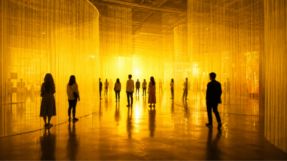 Visitantes recorren una instalación artística inmersiva dominada por tonos amarillos y cálidos que exploran la relación entre color, emoción y percepción visual