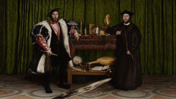 Los embajadores de Hans Holbein con una calavera deformada mediante anamorfosis en la parte inferior