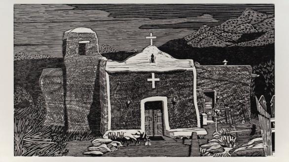 woodcut, San Francisco de Asís Catholic Church, Golden, NM, built 1830