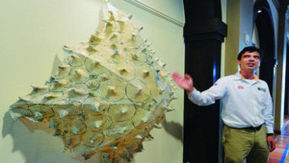Cuauhtemoc Martinez del Museo de Arte Contemporaneo de Tamaulipas dio un tour del Bienal de las Fronteras, la exhibición de arte esta en exposición en el ITECC localizado en 301 Mexico Blvd