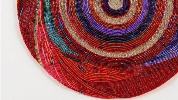Mahari Chabwera, Blood Moon, 2025 (Detail). Hand-stitched bead weaving, 20 x 20 inches. Courtesy of Southside Contemporary Art Gallery.