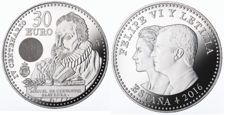 Moneda de 30€ conmemorativa del IV Centenario de la muerte de Miguel de Cervantes 