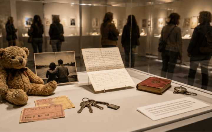 Objetos cotidianos expuestos en una vitrina de museo contemporáneo mientras varios visitantes observan la colección