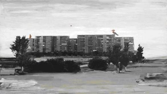 Juan UGALDE. "Paisaje Luna Roja", 2002, Técnica Mixta /lienzo, 200 x 230 cm. Cortesía de la Galería Moisés Pérez de Albéniz