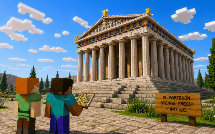Recreación del Partenón de Atenas en Minecraft utilizada para enseñar historia del arte, arquitectura clásica y patrimonio cultural a jóvenes estudiantes