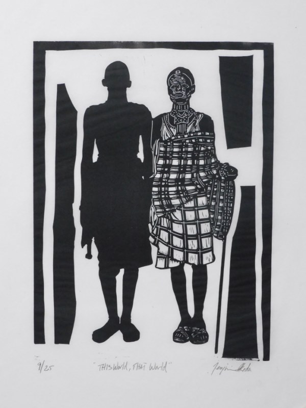 Tenjin Falase Ikeda, “This world, That world”, 9/25, 12” x 9”, grabado en linóleo, Colección Casa Silvana de Arte Afropuertorriqueño