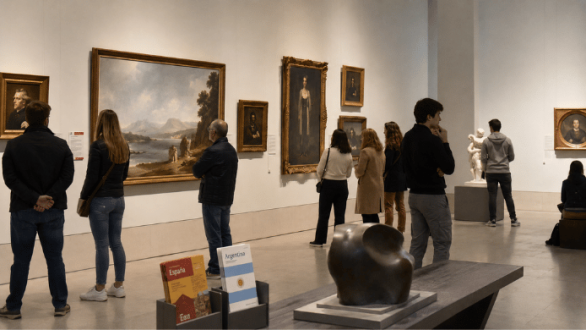 Visitantes recorren una sala de museo con referencias sutiles a España y Argentina antes de la final del Mundial