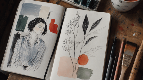 Cuaderno de ilustración abierto con bocetos, acuarelas y herramientas de dibujo sobre una mesa de artista, símbolo del auge de la ilustración contemporánea
